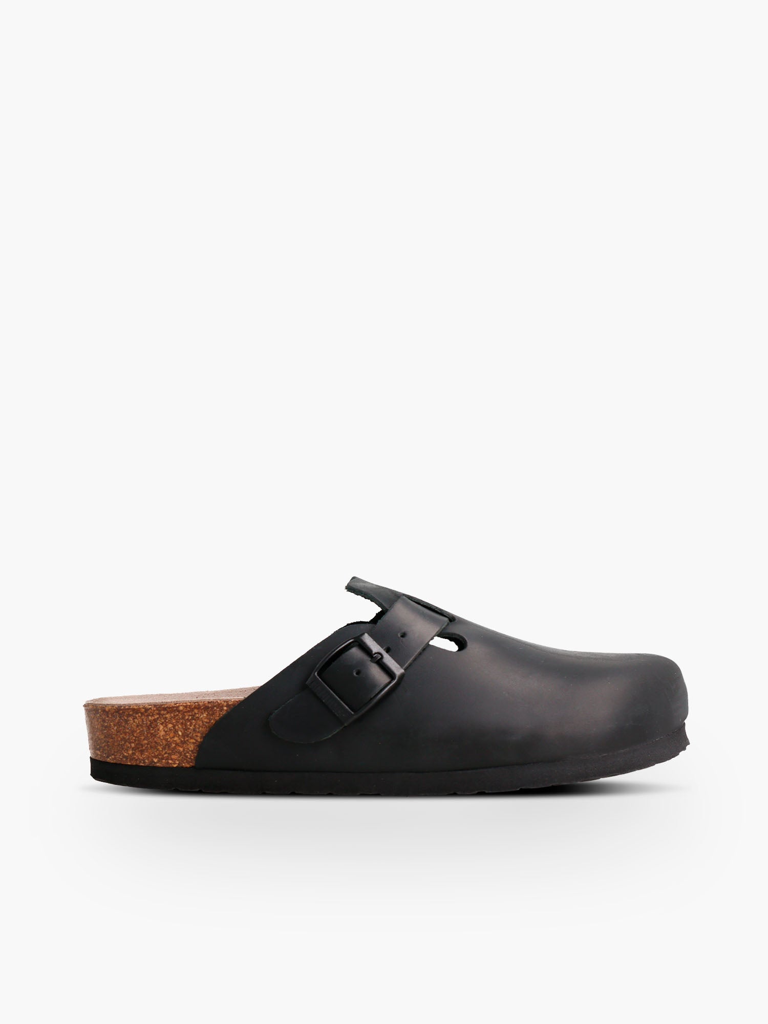 Zueco Genuins Riva de piel engrasada color negro con planta anatómica de caucho corcho y hebilla ajustable metálica para hombre en vista lateral  
