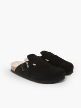 Zueco Genuins Riva  de piel serraje color negro  con planta anatómica de caucho corcho y hebilla ajustable metálica para hombre en vista doble